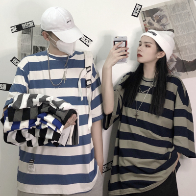 A2526-P32 潮人同款情侣拼色条纹圆领短袖T恤宽松百搭 男女情侣款