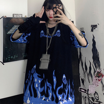 4656-P32 韩国ins原宿bf风蝴蝶火焰印花宽松短袖t恤男女潮