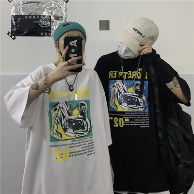 4304-P35 2020韩国INS复古卡通外星人印花宽松百搭短袖T恤上衣潮