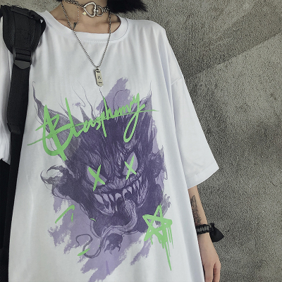 4309-P30 2020新款韩国INS原宿风魔鬼字母印印花宽松短袖潮男女