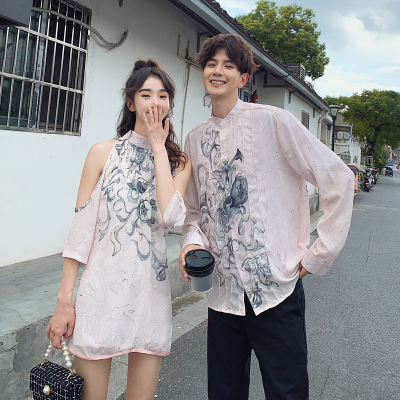 6851女裙P55 男衣P55  情侣装露肩连衣裙新款早秋水墨风短款裙子