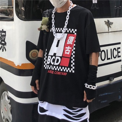 4529-P30 夏天百搭原宿风复古印花图案男女宽松大码上衣短袖T恤潮