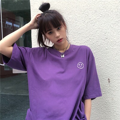 4050-P30 ins原宿bf宽松学生半袖体恤刺绣笑脸紫色短袖T恤女潮