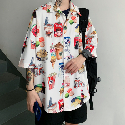 4007-P40  韩国ins复古潮流男女衬衫原宿风短袖卡通印花五分袖
