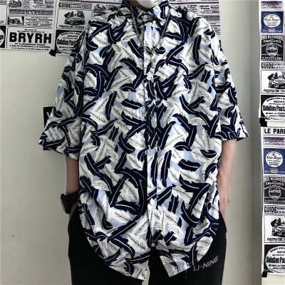 A2548-P40 韩国复古印花花衬衫短袖宽松潮流男女衬衣百搭潮