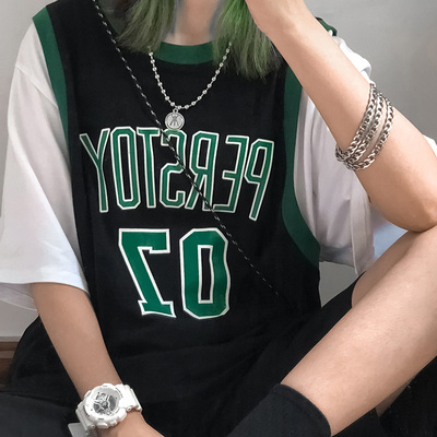 4811-P38 新款潮流时尚 假两件拼接T恤 韩版宽松球衣男女