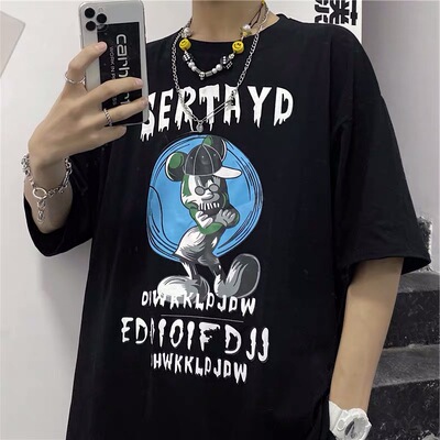 4352-P32韩国INS暗黑系复古童趣卡通印花T恤宽松圆领短袖男女潮
