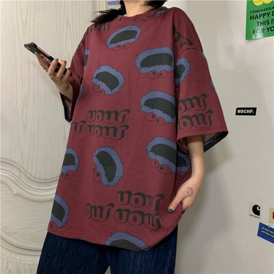6865-P20 港风卡通涂鸦动漫芝麻街中长款情侣装短袖t恤女爆款