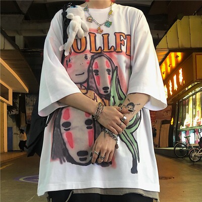 4077-P32 新款ins原宿宽松五分袖动漫卡通印花短袖T恤男女款潮