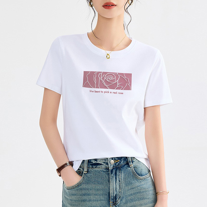 专柜正品印花短袖t恤女2025夏季新款正肩上衣修身显瘦丝光棉体恤