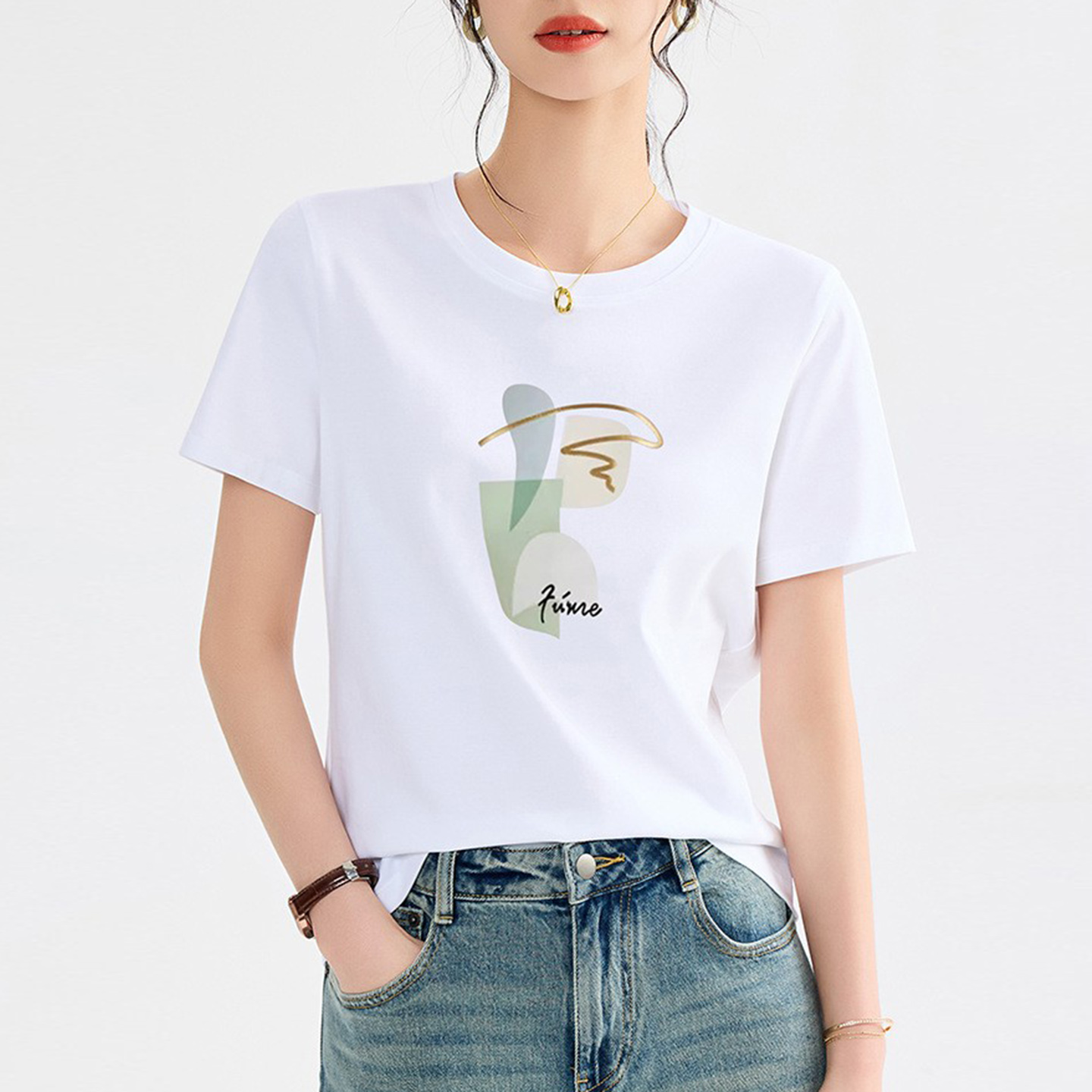 专柜正品高端印花白色短袖t恤女2025夏季新款宽松显瘦丝光棉上衣