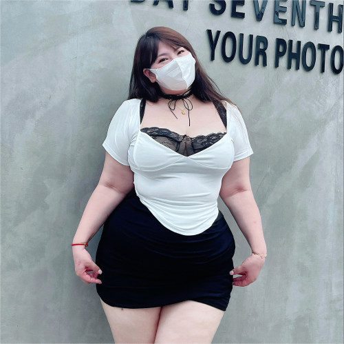 大码女装拼接V领T恤上衣