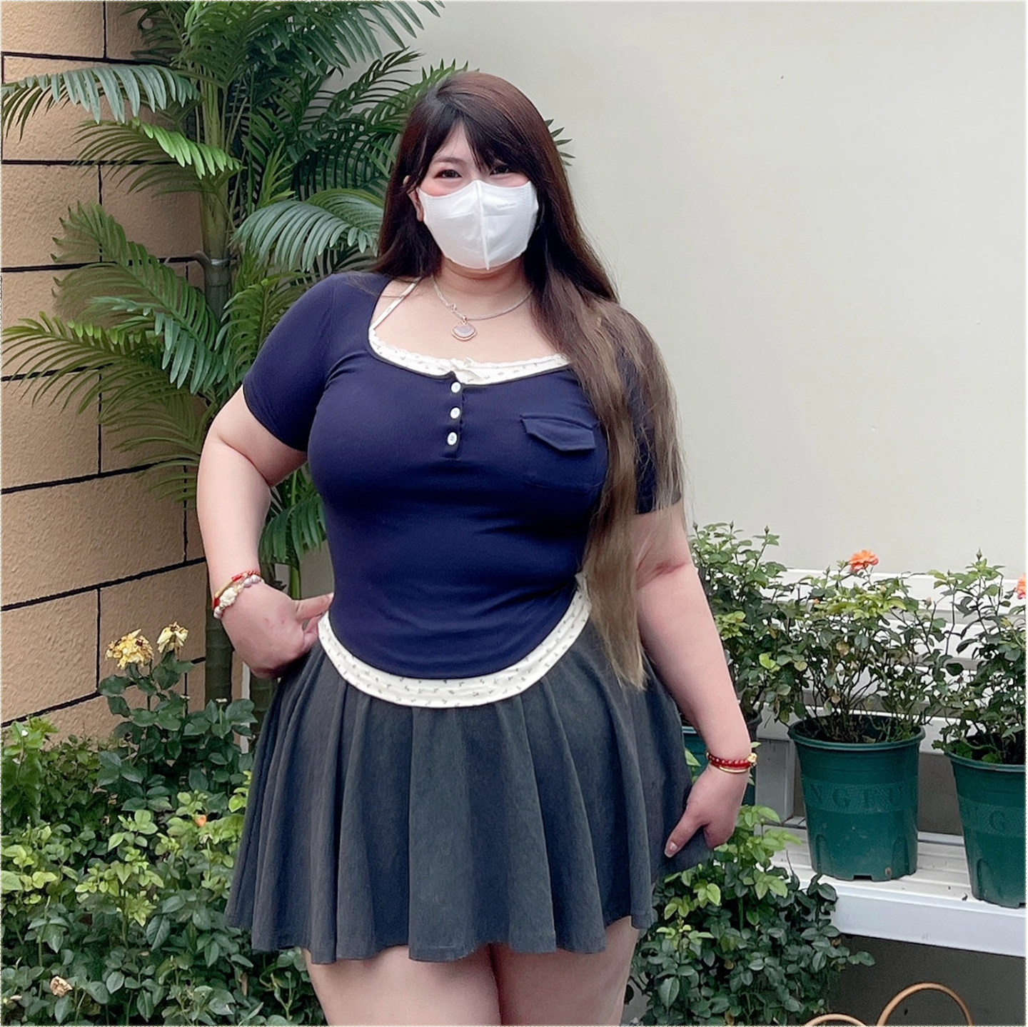 大码女装绑带假两件拼接T恤