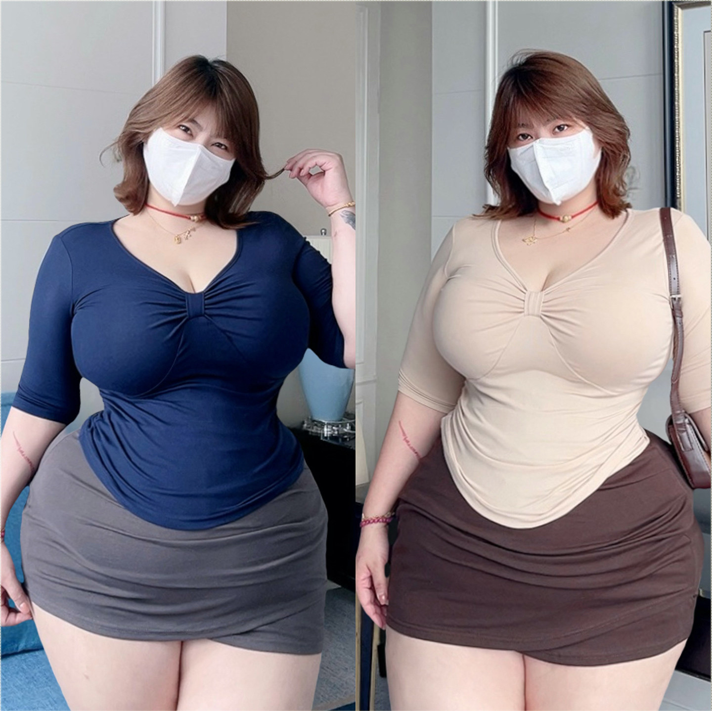 胖mm大码女装V领中袖上衣