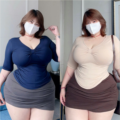 胖mm大码女装V领中袖上衣