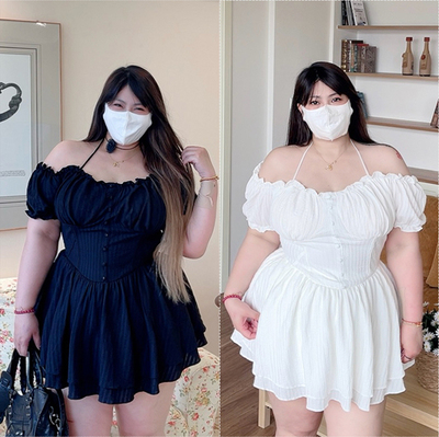 大码女装复古法式甜美绑带连衣裙