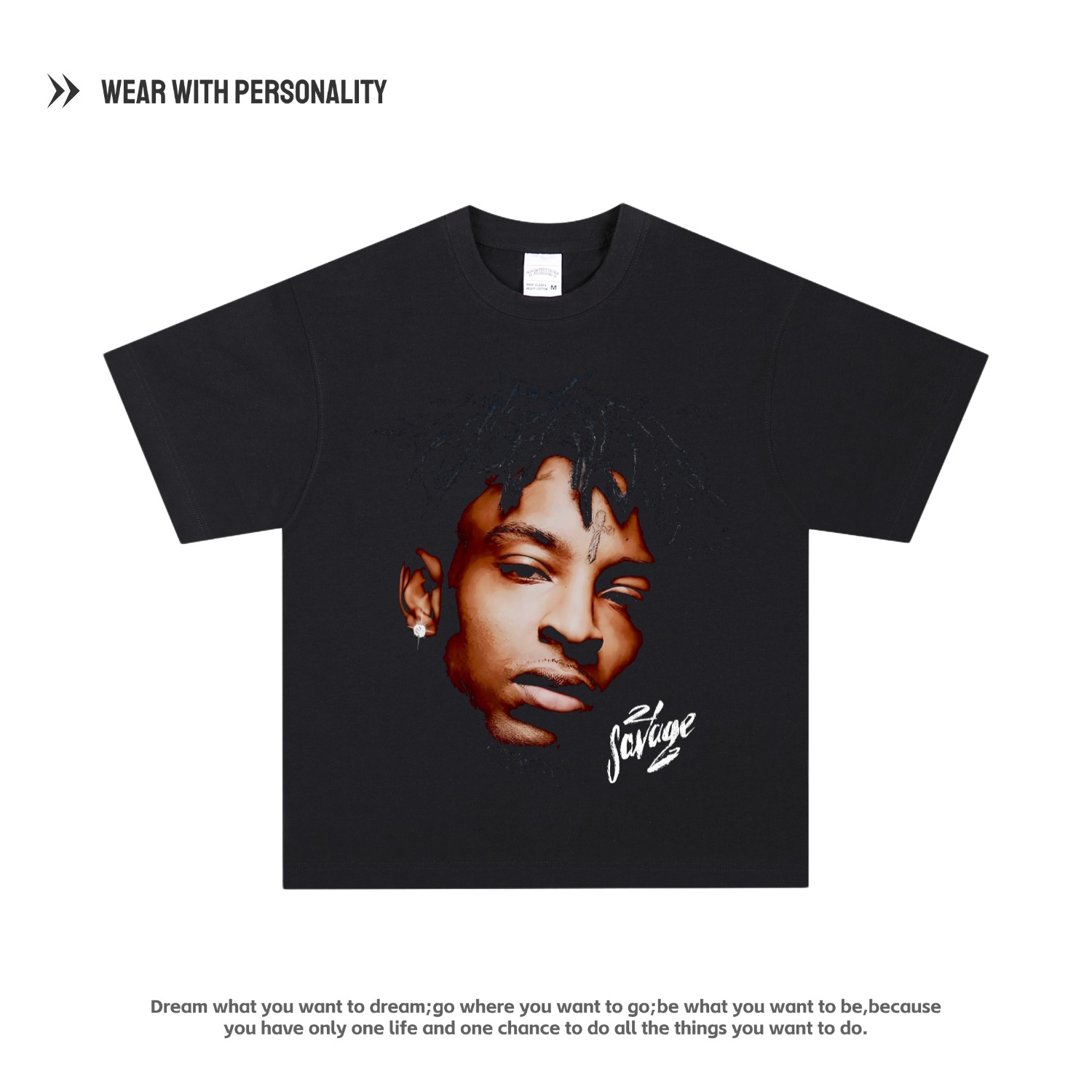 21 Savage嘻哈美式说唱复古印花短袖T恤水洗做旧重磅纯棉上衣男潮