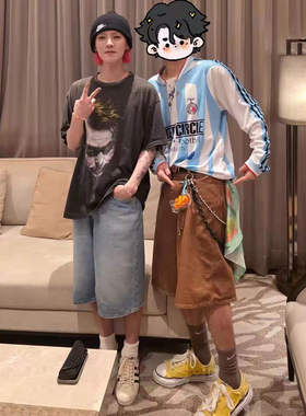 明星鹿晗同款单品复古小丑大头印花纯棉透气长短袖美式连帽卫衣