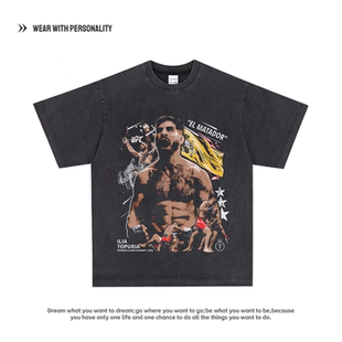 托普利亚T恤UFC印花美式高街重磅纯棉宽松短袖拳击运动复古上衣男