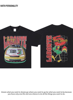 鲍比·拉邦特赛车美式印花纯棉透气重磅复古小领口高街宽松长短袖