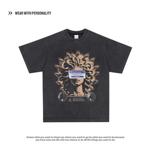 蛇年美杜莎美式复古小众纯棉短袖街头百搭质感男女做旧水洗T恤潮