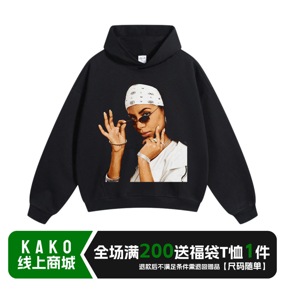 Aaliyah艾莉雅人像印花纯棉vtg复古宽松直喷做旧欧美美式连帽卫衣