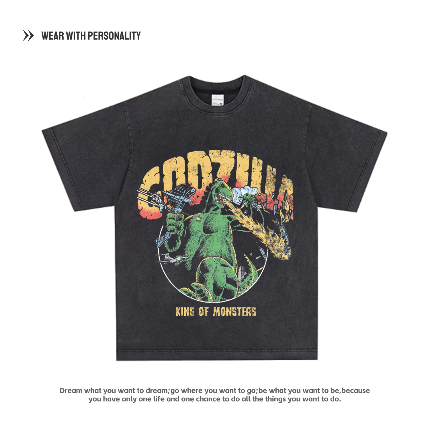 哥斯拉T恤 Godzilla 怪兽水洗做旧纯棉美式复古宽松长短袖T-Shirt