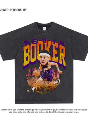 Booker德文布克美式复古重磅纯棉水洗做旧街头篮球运动短袖t恤男