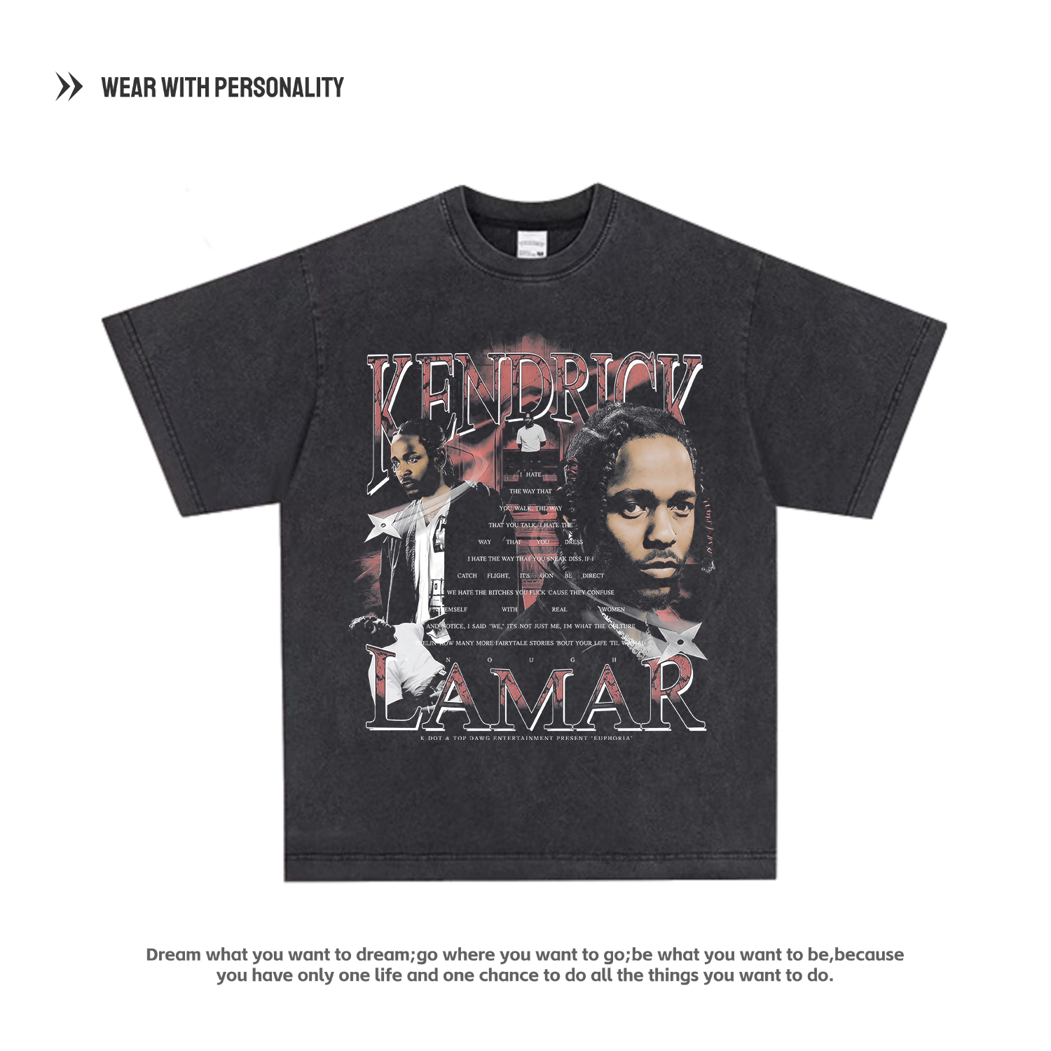 Kendrick Lamar美式复古街头t恤嘻哈说唱做旧重磅短袖Vintage长袖