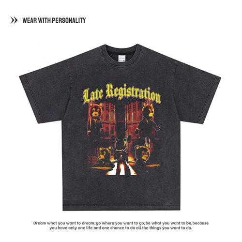 侃爷Kanye West辍学小熊Vintage男女情侣款宽松高街复古短袖T恤潮