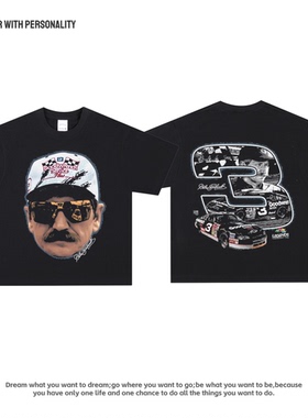 厄恩哈特赛车美式印花T恤纯棉透气重磅高街复古小领口宽松长短袖