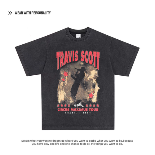 短袖t恤衫Travis Scott说唱嘻哈美式重磅纯棉透气圆领半袖上衣