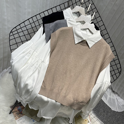 白色衬衣针织马甲两件套女2021新款秋冬季设计感小众别致叠穿上衣