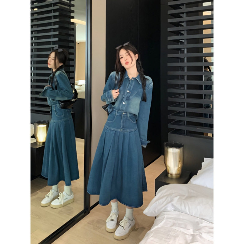 复古牛仔套装女领长袖牛仔外套女时尚套装