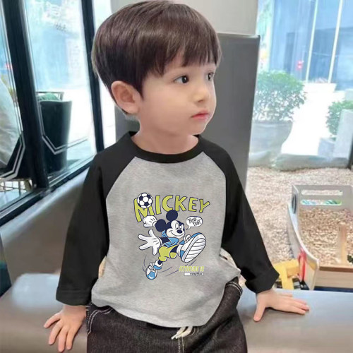 纯棉儿童长袖可爱卡通米奇t恤男孩薄款打底衫春秋款上衣男童宝宝