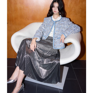 杭州圣都服饰新复古高级感重工编织蓝色亮丝小香粗花呢外套上衣女