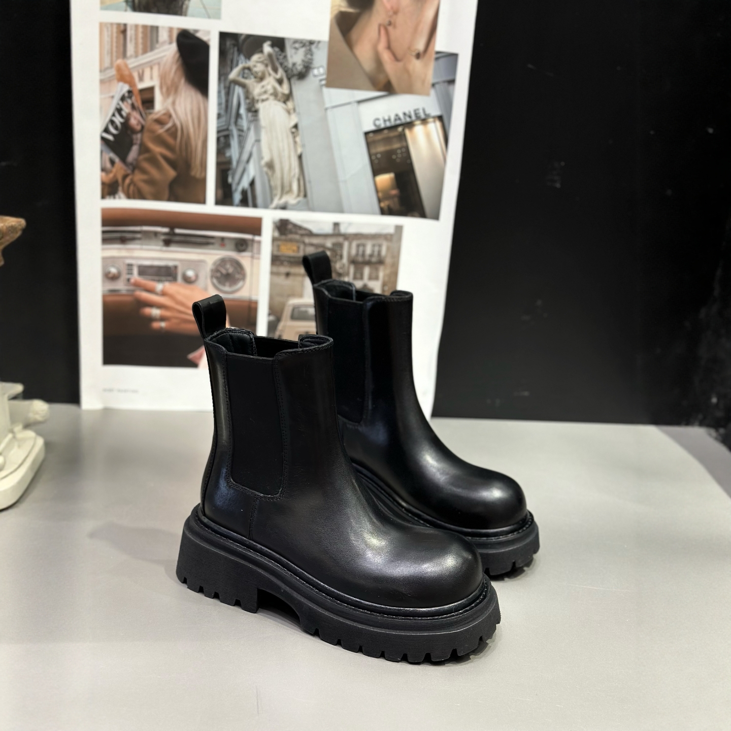 IDO真皮方跟切尔西靴女方跟百搭