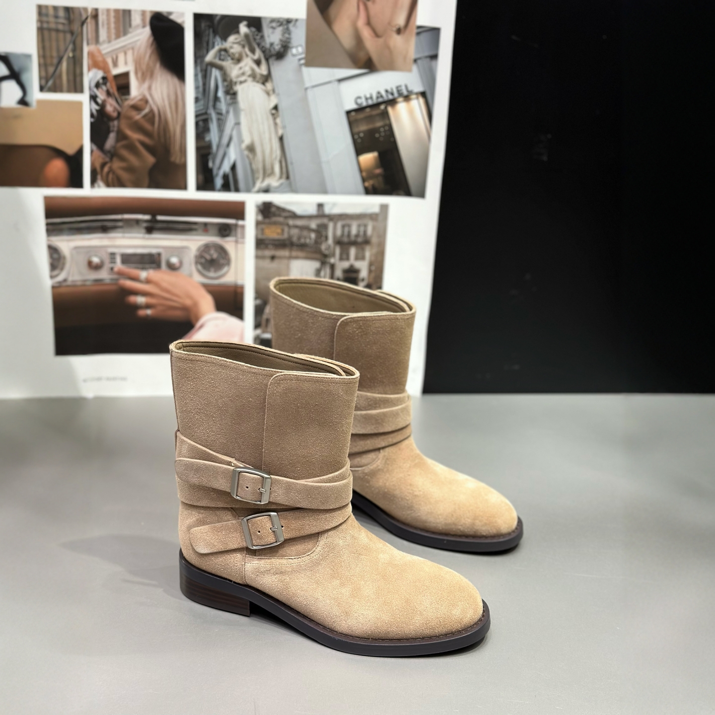 ido双皮带扣中筒靴女真皮百搭女