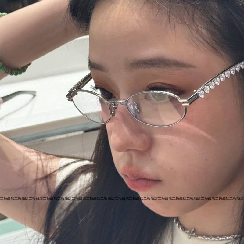韩风jennie同款复古椭圆框镶钻眼镜女素颜神器近视镜平光镜框架潮