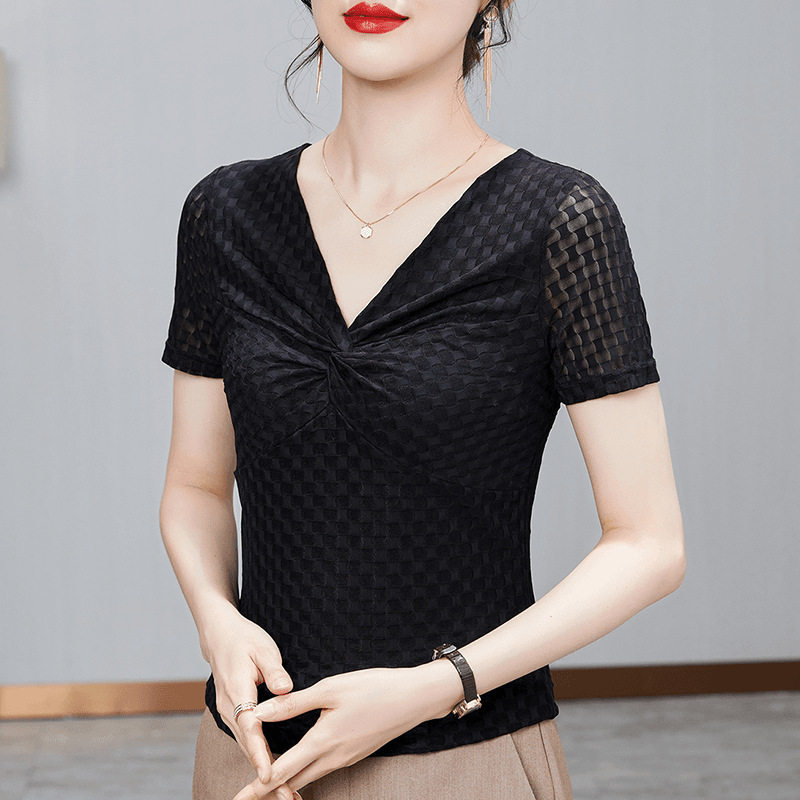 夏季薄款短袖泡泡纱t恤女新款蝴
