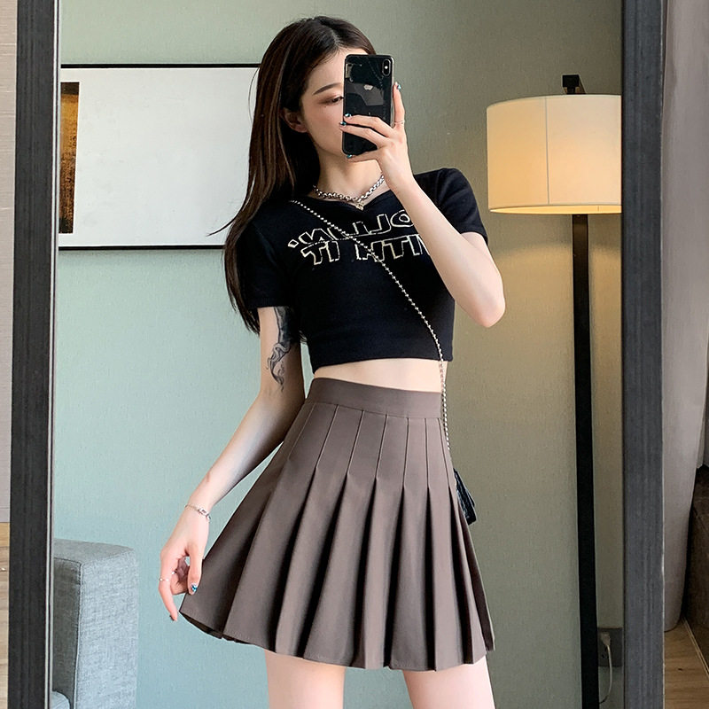 灰色高腰百褶裙女夏复古显瘦西服料防走光小个子a字jk半身短裙子