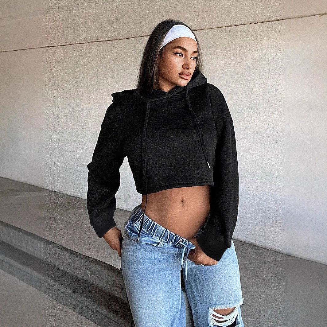 2026亚马逊跨境欧美个性潮流风连帽卫衣秋冬时尚洋气露脐短款上衣