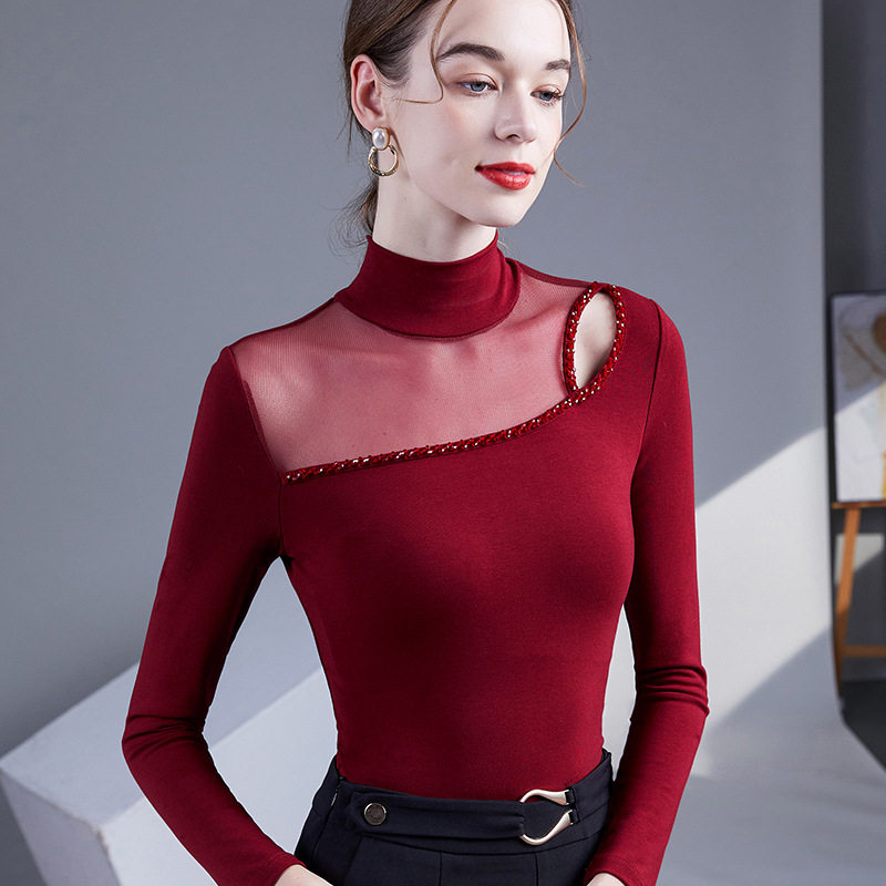 春装新款半高领长袖手工订珠T恤女洋气上衣修身内外穿搭打底小衫