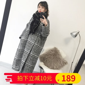 冬季韩版千鸟格毛呢风衣超长款加厚复古呢大衣呢子外套女宽松格子