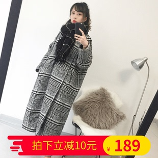 冬季韩版千鸟格毛呢风衣超长款加厚复古呢大衣呢子外套女宽松格子