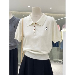 针织衫 奶乖韩妹简约气质polo领小马刺绣短袖 女百搭休闲显瘦上衣