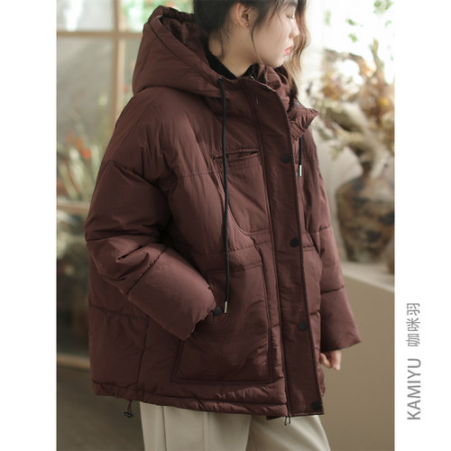 咖咪羽简约通勤宽松抽绳连帽棉服