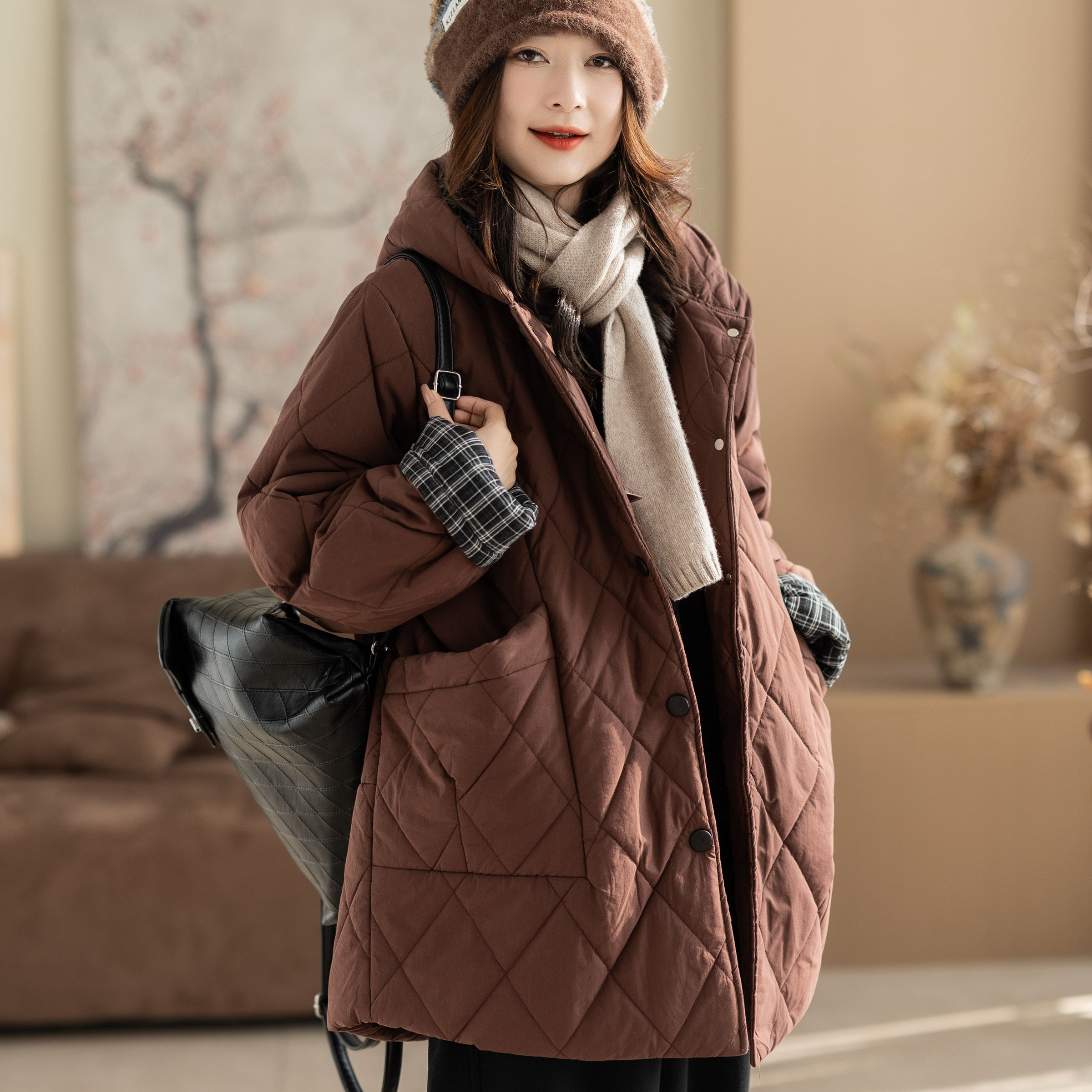 咖咪羽复古纯棉内里夹棉加厚棉服外套拼接中长款菱形格保暖棉袄女
