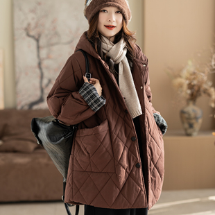 咖咪羽复古纯棉内里夹棉加厚棉服外套拼接中长款菱形格保暖棉袄女