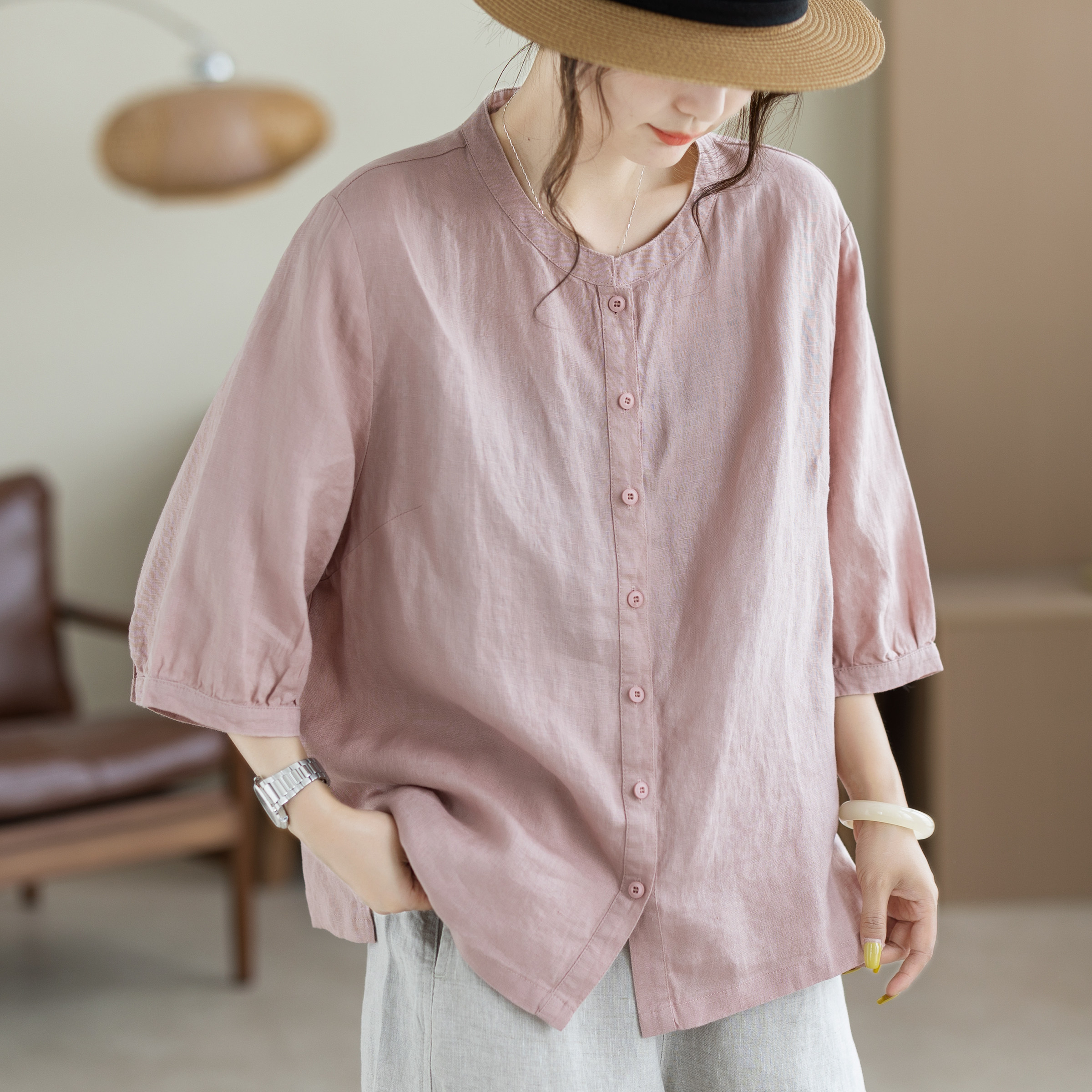 咖咪羽100%亚麻夏季圆领衬衫女2026新款纯色文艺显瘦五分袖上衣女